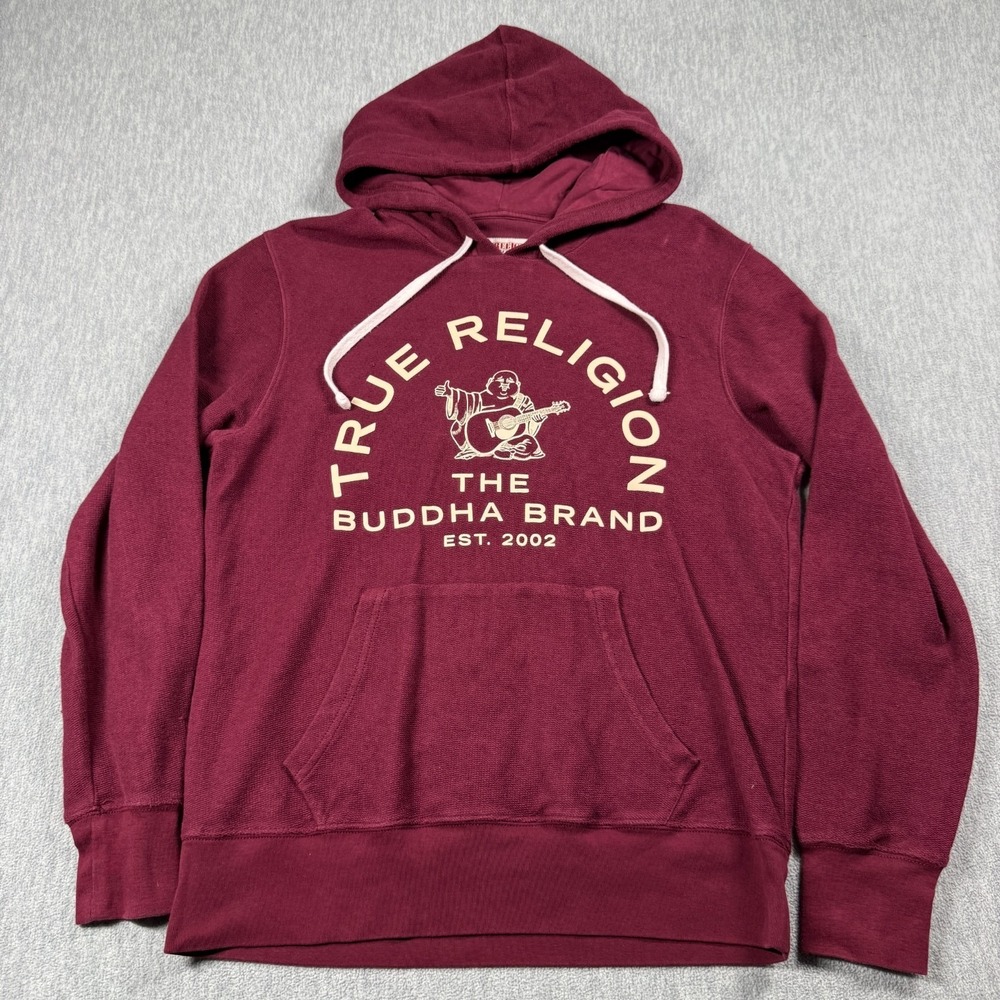 True Religion Hoodie Womens S Maroon Buddha Brand Fleece Pullover Sweatshirt
